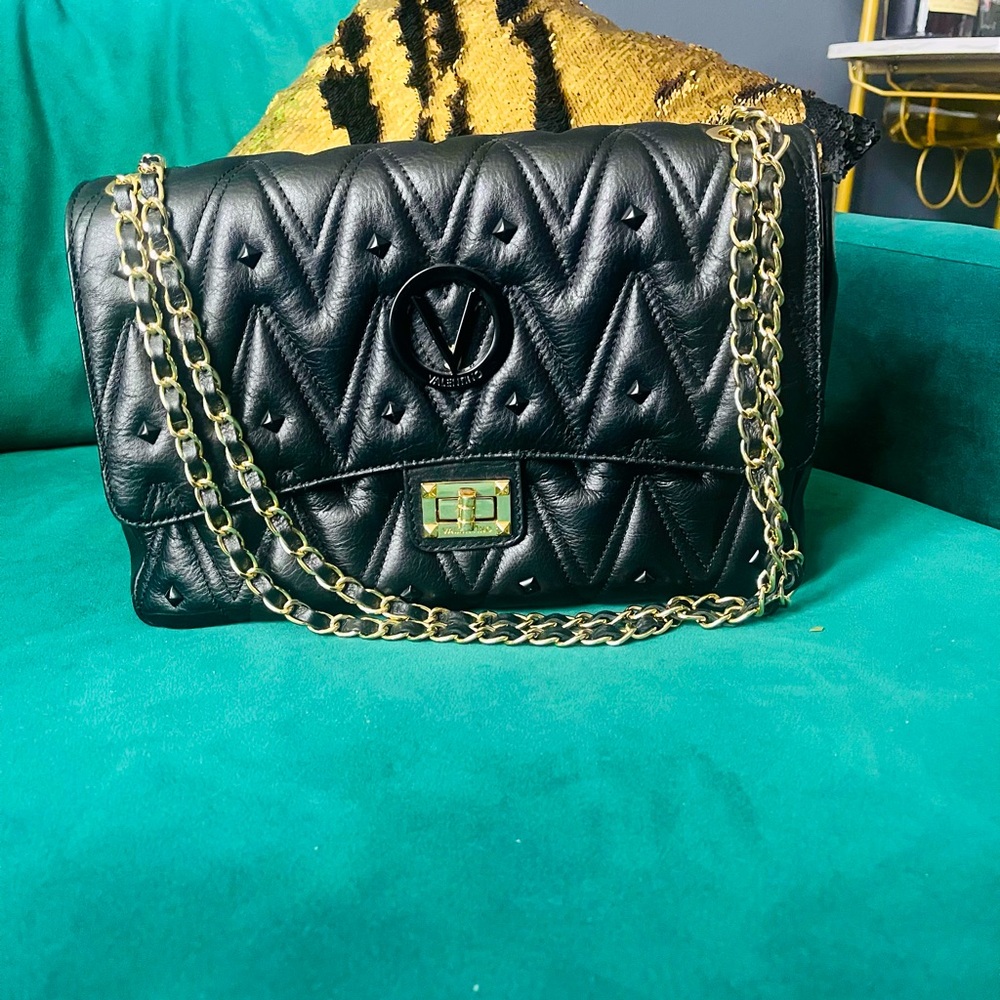 Valentino Black Quilted Shoulder Bag with Gold Chain